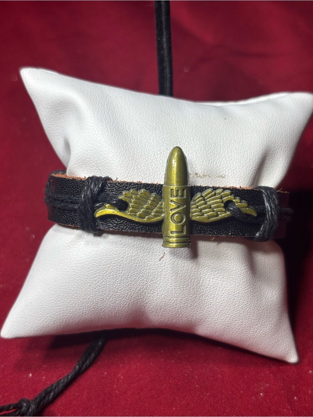 New LOVE Black Leather Cord Bracelet with Gold Winged Bullet Accent